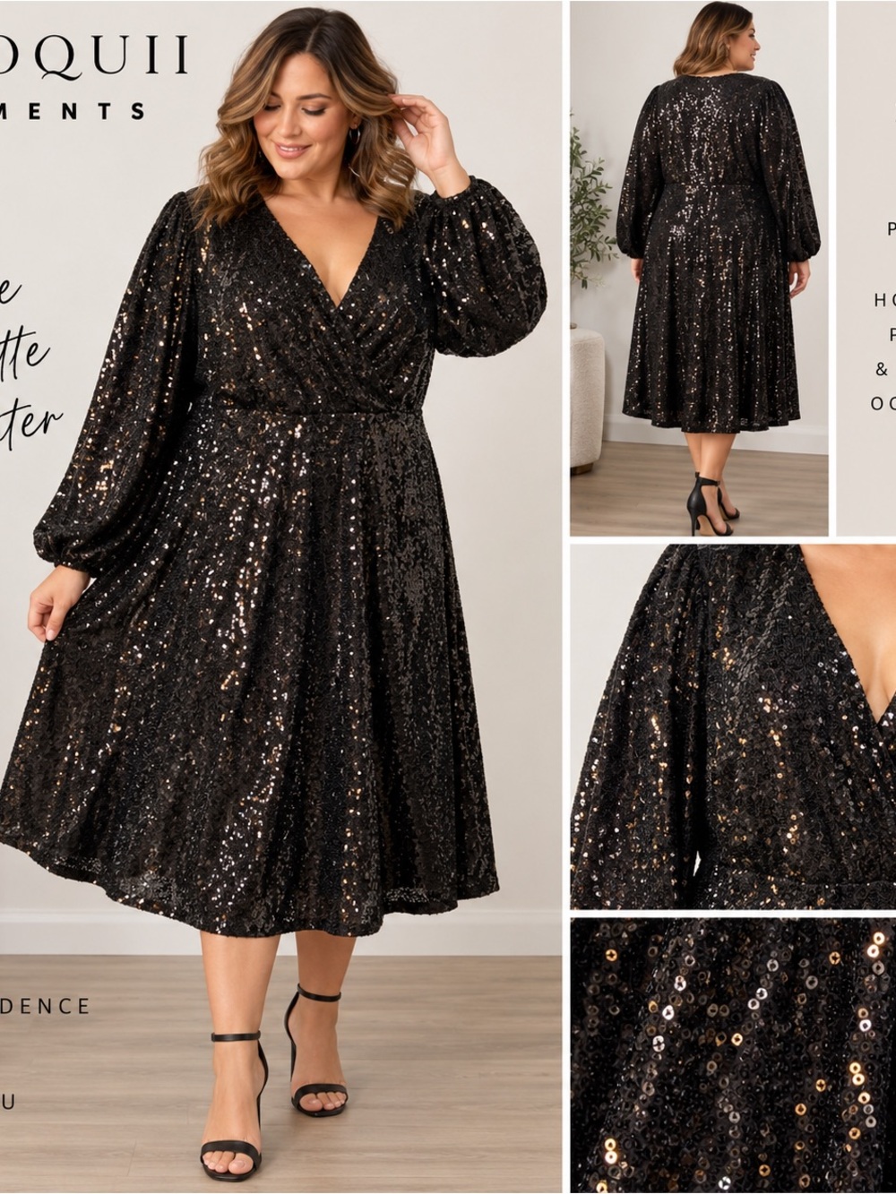 ELOQUII Elements Black Sequin Midi Dress 22/24 Balloon Sleeve Party Holiday